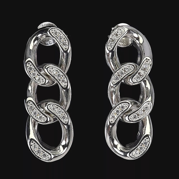 925 Sterling Silver Chain Stud Earrings with CZ - Picture 1 of 3